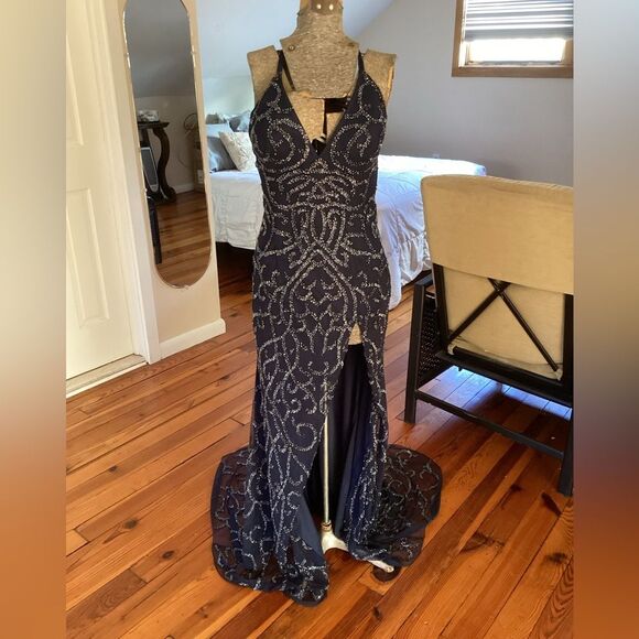 JASZ COUTURE 6 BLUE PLUNGING V NECK BEADED HIGH SLIT PROM PAGEANT FORMAL GOWN - Picture 2 of 10